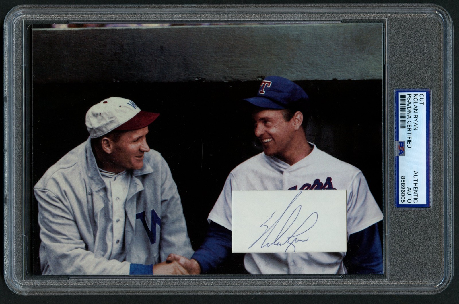 Nolan Ryan signed autograph 6x8 Custom Cut pictured with Walter Johnson PSA Slab view 1