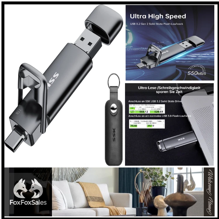 Duales USB-C + USB-A SSD | 550 MB/s Geschwindigkeit | Mobil kompatibel