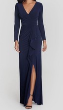 Betsy & Adam Womens Blue Solid Ruffled Side-Slit Gown Dress Size 4
