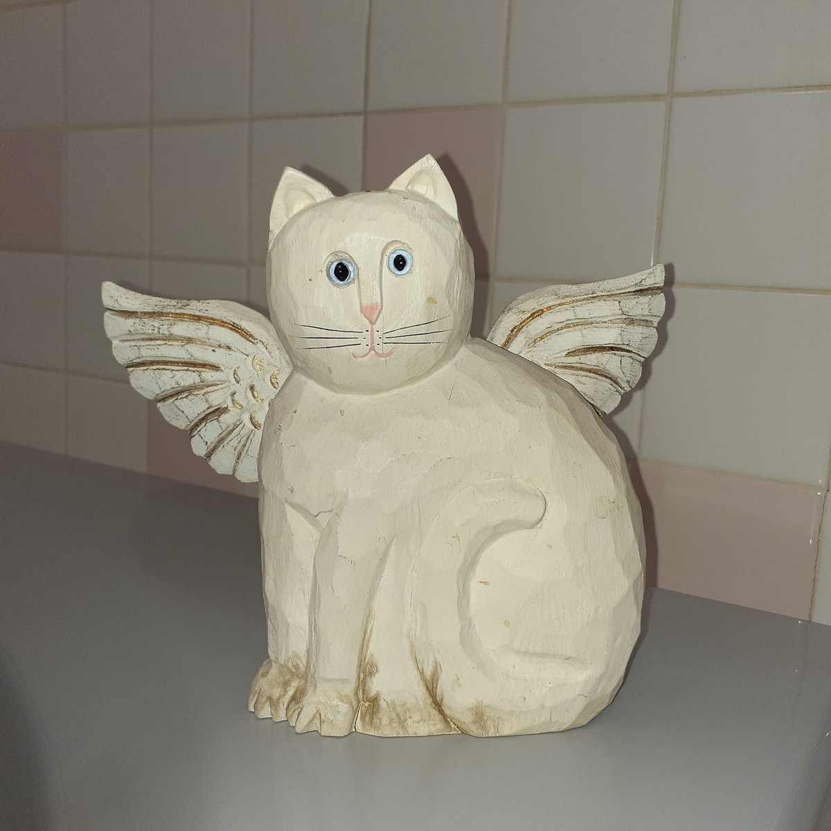 Vintage James Haddon Folk Art Hand Carved Wood Angel Cat 7.6