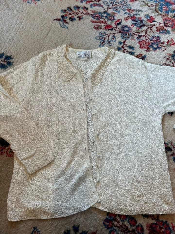 Vtg 80s Beaded Cardigan Sweater  Seed Pearl Buttons Peter Pan Flaws See Pic L - Image 3 of 4