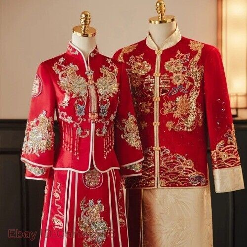 Bride Marriage Dress Set Chinese Qipao Wedding Dress Retro Dragon Phoenix Hanfu - Picture 2 of 13