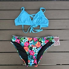 TYR Solid Blue Triangle Top & Take A Trip Classic Bikini Floral SZ L NEW 