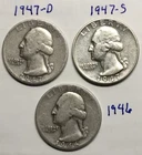 Lot of 3 Washington 90% Silver Quarters: 1946P, 1947D, 1947S