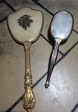 Vanity Gold Plated Hand Mirrow  Nylon Hair Brush Engraved Rose Flowers