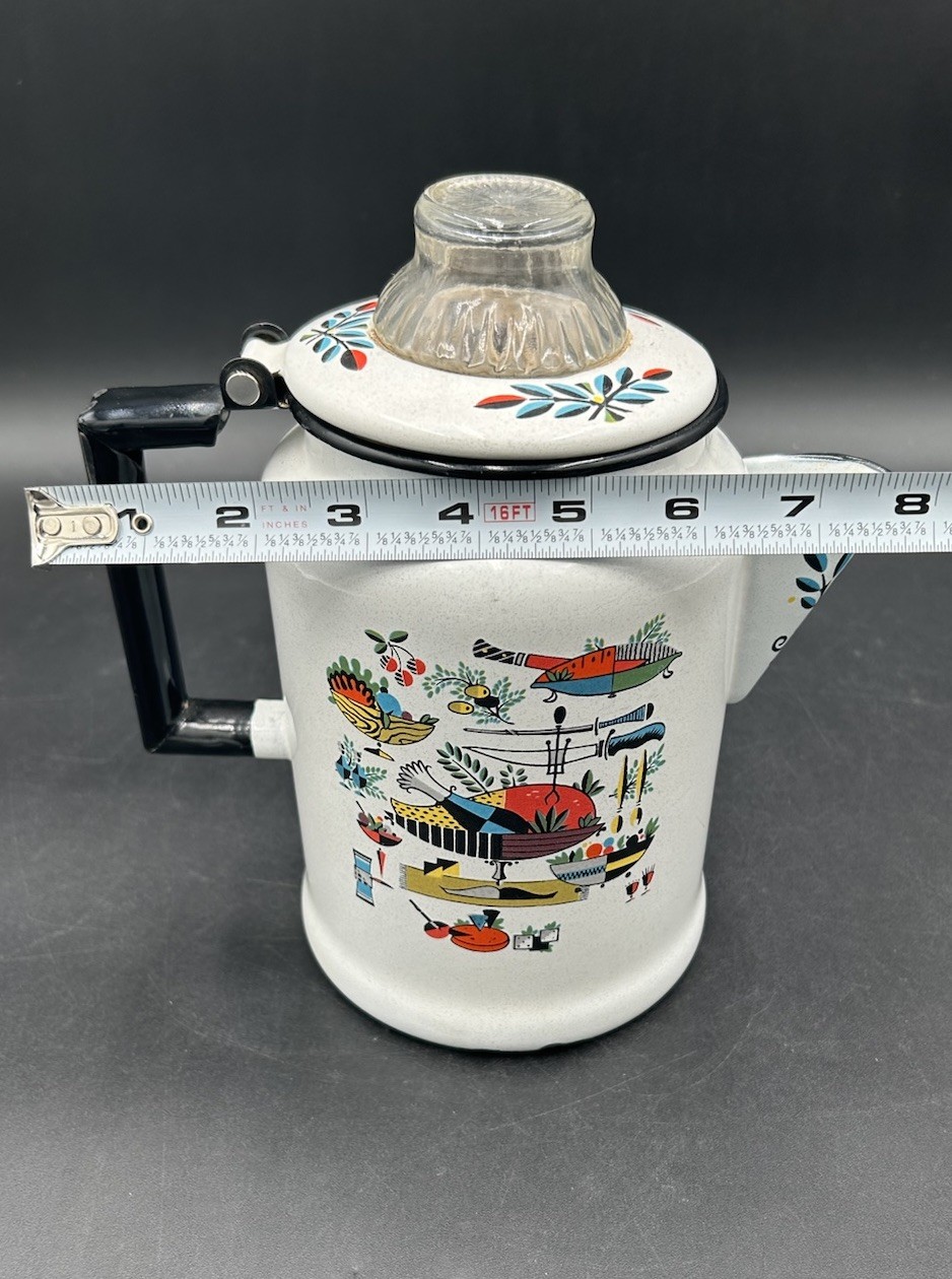 Vintage Georges Briard Style MCM Enamelware Turkey Fixings Percolator Coffee Pot