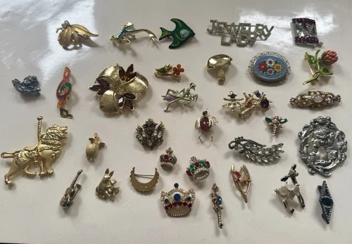 Huge Vintage Lot Costume Jewelry Brooches, Pins, Insects, Crowns, Cameo Swoboda