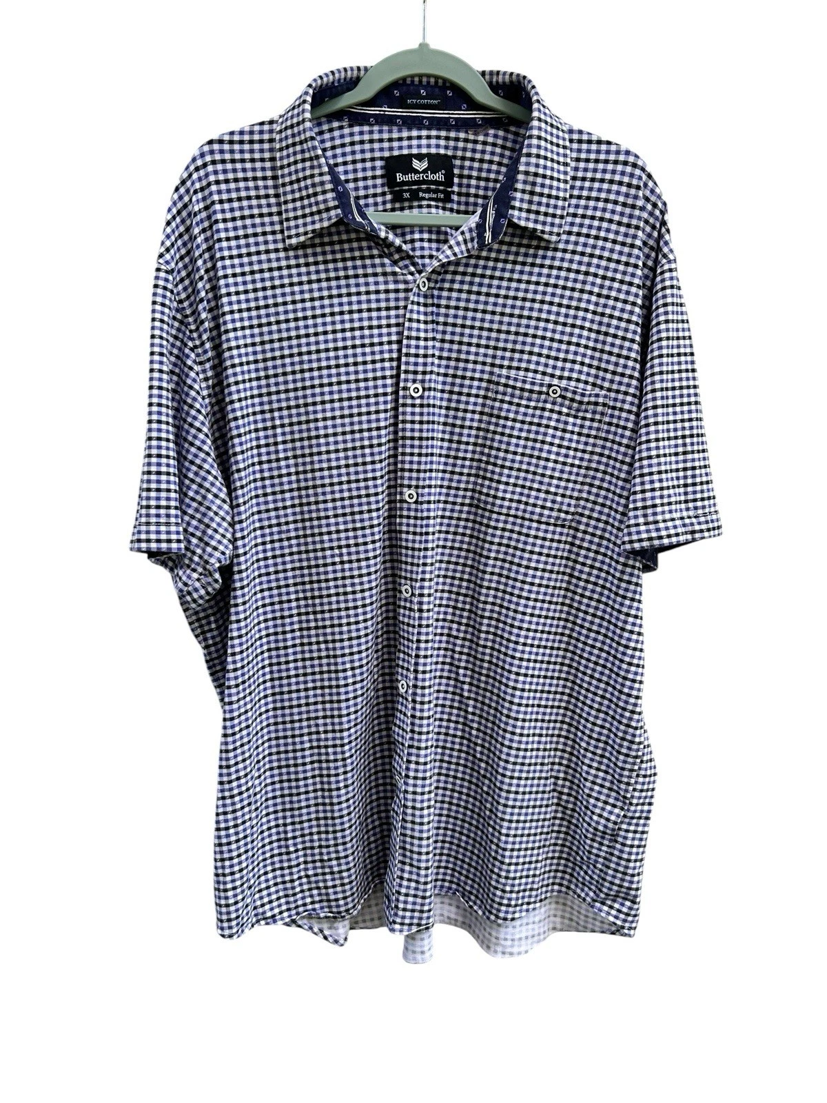 Buttercloth Shirt Men 3XL Purple Gingham Plaid Icy Cotton Short Sleeve Stretch