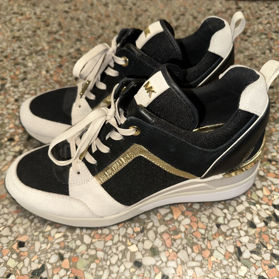 Michael Kors Womens Black Georgie Trainer Sneakers Size 9M Leather Wedge - Image 3 of 4