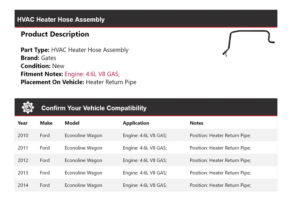 For 2010-2014 Ford Econoline Wagon HVAC Heater Hose Assembly Gates 2011 2012 - Image 2 of 3