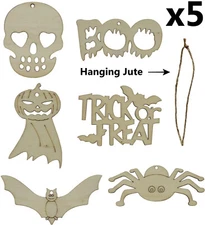 30 Piece Wood Craft Halloween Ornament Variety Pack with Hanging Jute - DIY