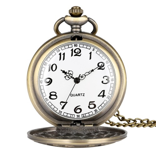 Orologio da tasca uomo bronzo quarzo con catena mai dimenticare completo cacciatore regali natale - Foto 5 di 10