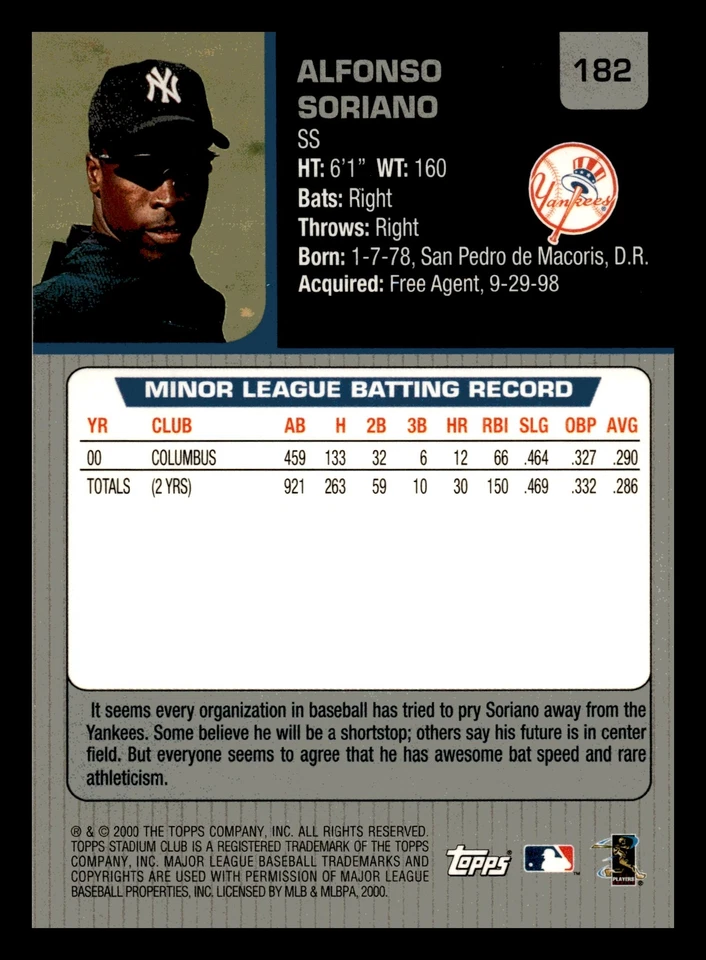 Alfonso Soriano 2001 Stadium Club #182 New York Yankees Mint - Image 2 of 2