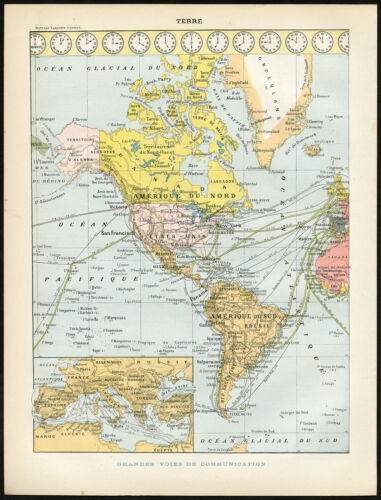 2 Antique Prints-EARTH-COMMUNICATION-TIME ZONES-RACES-RELIGION-Larousse-1897 - Picture 1 of 4