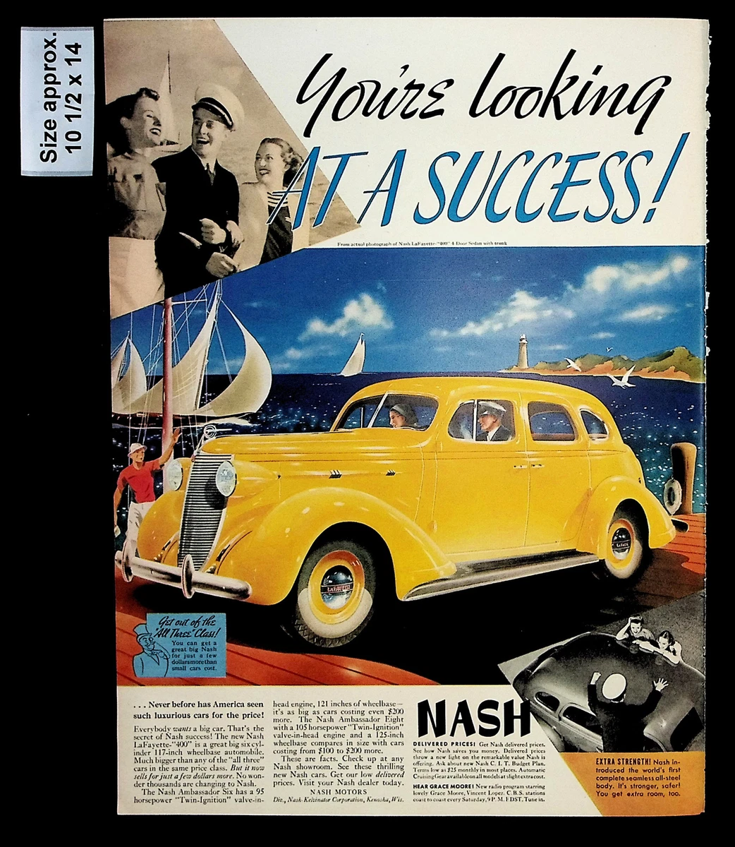 1937 Nash Motors Cars Success Yellow Car Boat Sails Vintage Print Ad 31002
