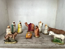 Set of 11 VTG Nativity Figures Plaster Hand Painted Primitive Style Christmas
