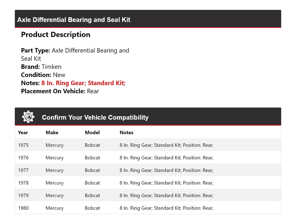 Комплект подшипников дифференциала и уплотнений для задней оси Mercury Bobcat 1975-1980 годов выпуска Timken - Изображение 2 из 3