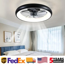 22 inch Ceiling Fan LED Light Modern Black Flush Mount w APP Remote Control Kit