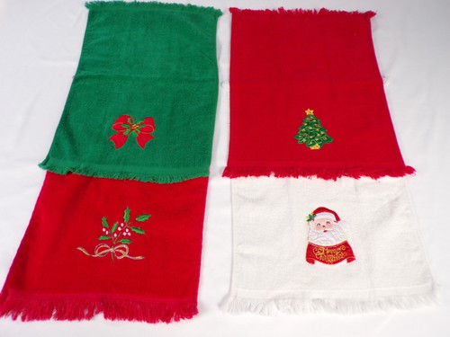 Four Vintage Applique Embroidered Christmas Guest Towels Cotton Terry Fringe K23 - Picture 10 of 13
