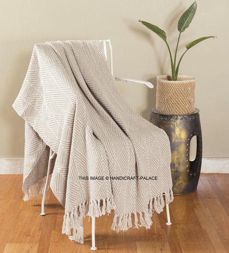 LUXURY 100% COTTON WOVEN HERRINGBONE SOFA CHAIR BED THROW FRINGED COVER BLANKET - Picture 14 of 43