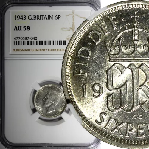 Great Britain George VI Silver 1943 6 Pence NGC AU58 KM# 852 (040)