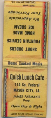 1950's? Matchbook Cover Quick Lunch Cafe Mason City Iowa (LIO2)