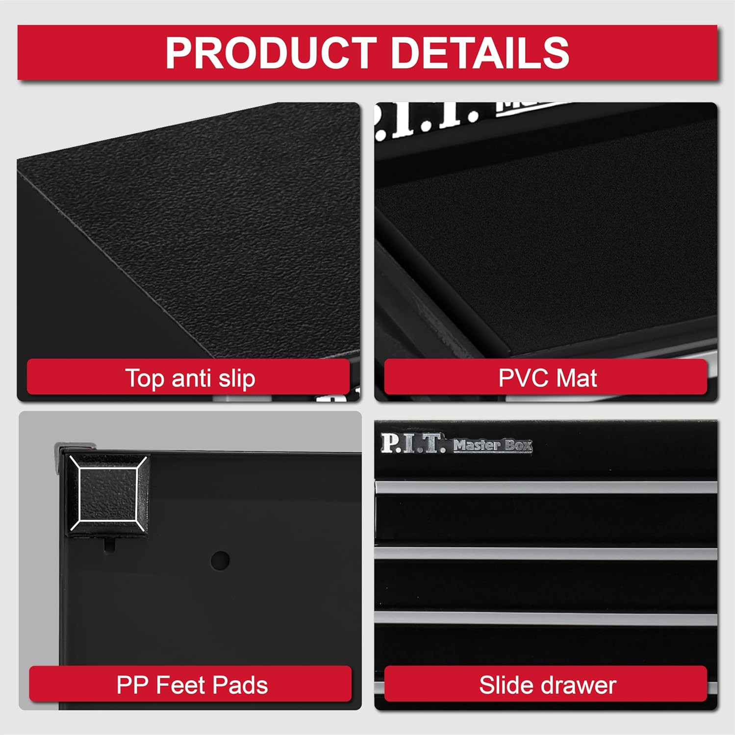 P.I.T. Mini Black Tool Box, Portable 5-Drawer Micro Roll Cab Steel Stackable Too