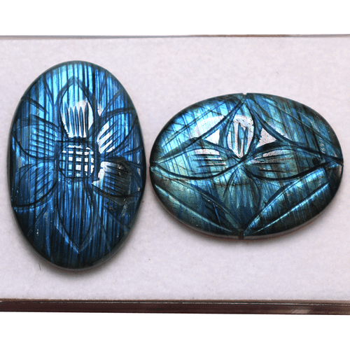 2 Pcs Natural Labradorite Hi-Quality Hand Carved 39-43mm Oval Cabochon Gemstones - Picture 6 of 12