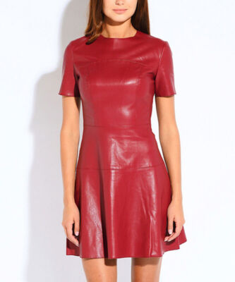Short Sleeve Leather Dress Skater Paneled Red Mini Real Leather Women Dress  - 75 | eBay
