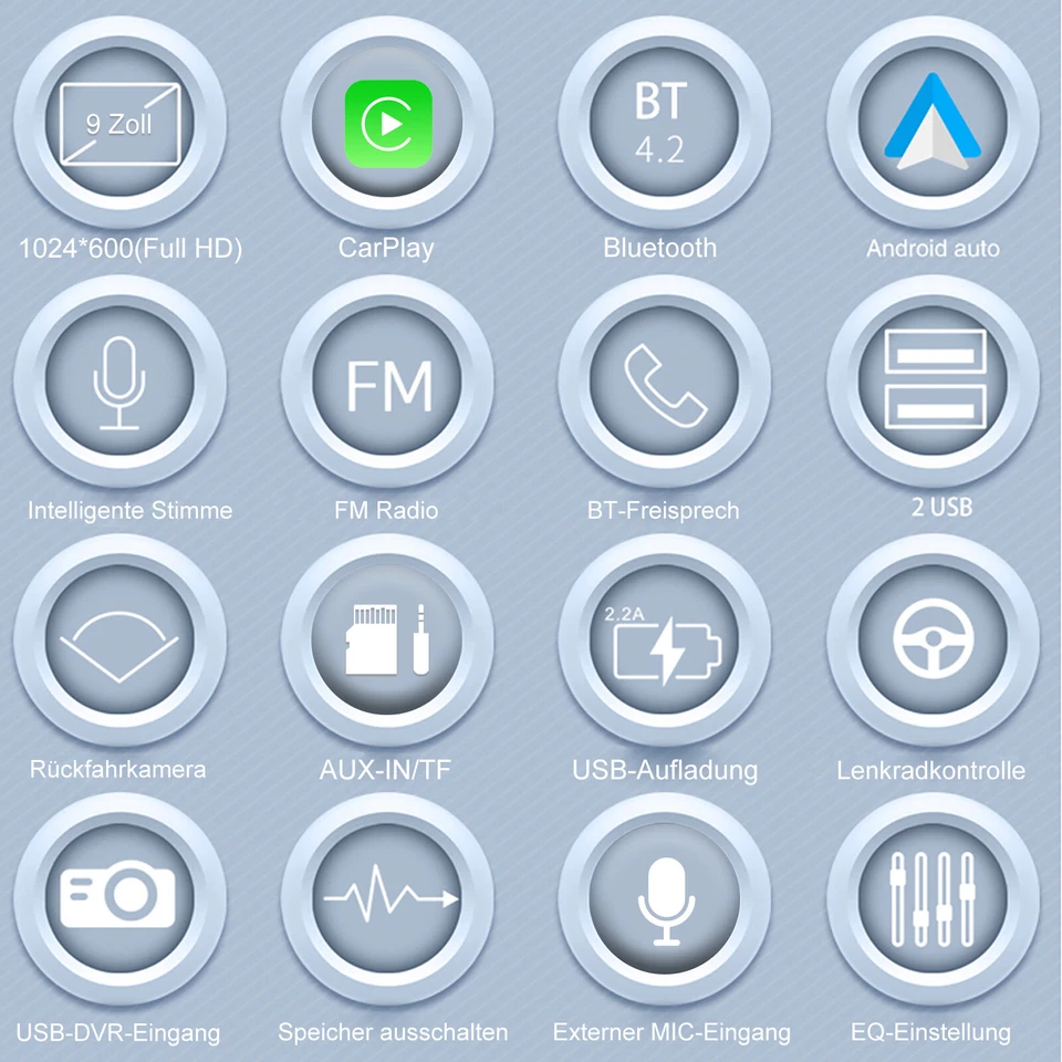 Autoradio 1 DIN Android Apple Carplay Mit 9" Bildschirm USB AUX Bluetooth Kamera - Bild 3 von 4