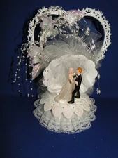 New Vintage Dancing Bride & Groom Heart/Bell, white floral Wedding Caketop #309