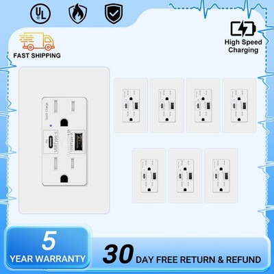 8PK 24W Type-C USB PD Wall Outlet 4.8A Quick Charge 15A TR UL Certified White