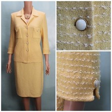 St. John Collection Yellow White Jacket Skirt Suit M L Size 8 10 Buttons Pockets