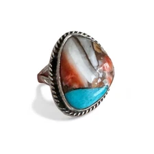 Kingman Turquoise & Spiny Oyster Solid 925 Sterling Silver Ring 7