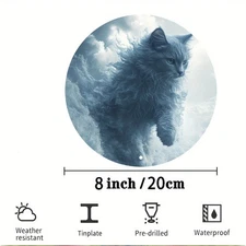 2D Flat, 1pc 7.87x7.87 Inch Aluminum 2D Round Sign - Cat Turns Into Cloud Art, R