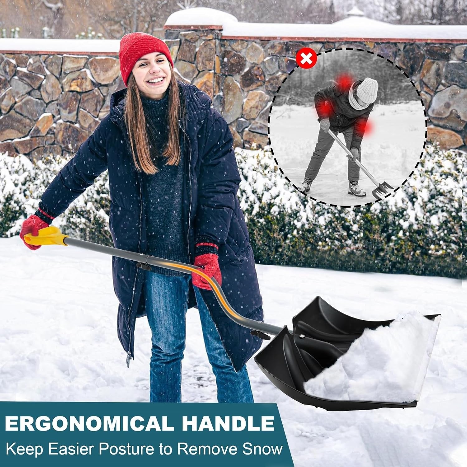Snow Shovel for Driveway 17" Wide Ergonomic Heavy Duty Snow Removal Winter Tool