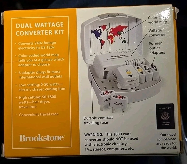 Brookstone Dual Wattage Converter Kit Travel Voltage Adapter Plugs 1800 Watt B14 - Image 2 of 4