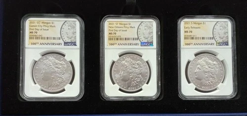 2021-CC/O/S $1 Modern Morgan Dollars NGC MS70 Privy Marks FDOI .(3) Coin Set