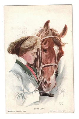 1914 Artist Signed Postcard Harrison Fisher Pretty Lady Feeds Horse, DUMB LUCK - image 1 of 2