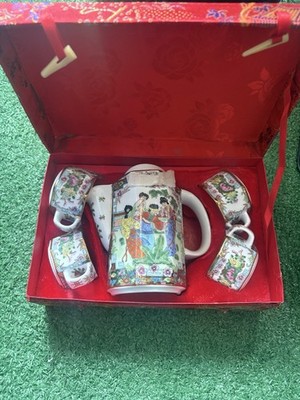 Japanese Vintage Hexagon Tea Pot Set 4 Cups, Sugar Creamer
