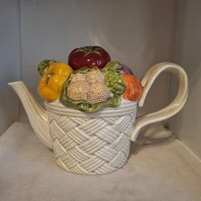 Vintage Fitz and Floyd Vegetable Garden Basket Weave Ceramic Pitcher good 6"