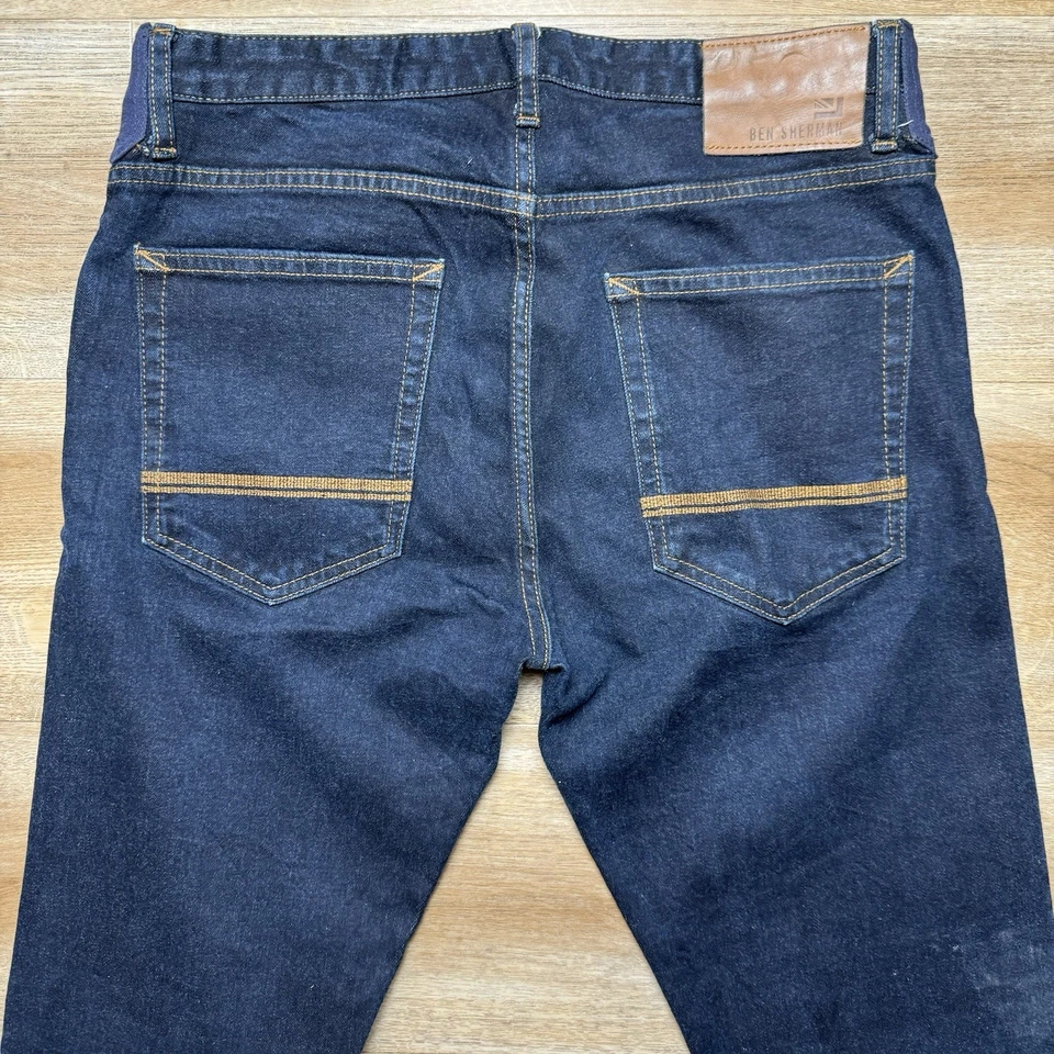 Jeans con ribete para hombre 30x34 azul calce ajustado línea roja japonesa lavado oscuro denim reparado Foto 4 de 4