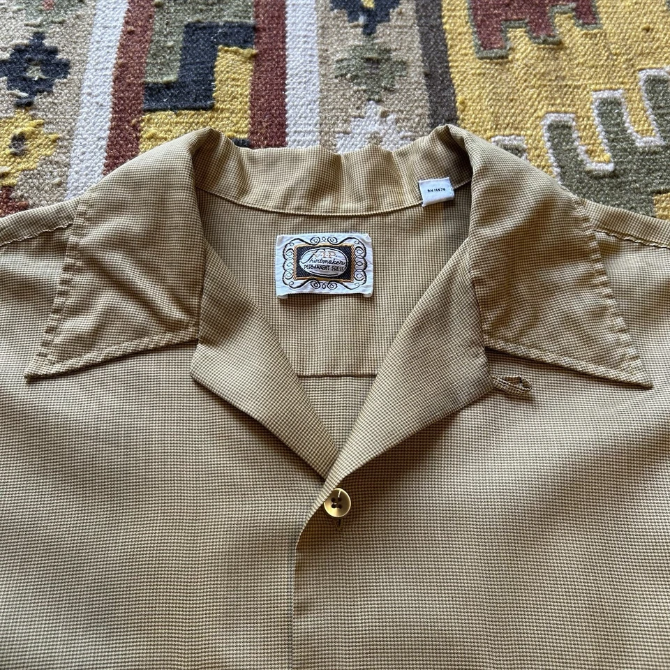 复古 20 世纪 60 年代 VIP 衬衫制造商棉混纺环领衬衫 M 码 - 芥末 — 第 3/4 张图片