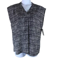 Halston Size Large Top Black White Sleeveless Blouse V Neck Womens Shirt