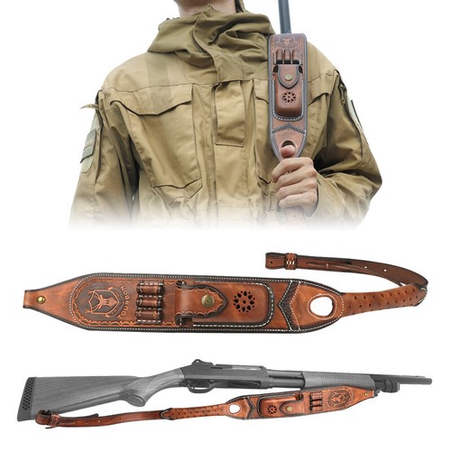 TOURBON Leather Rifle Sling Gun Ammo Carry Strap w/Knife Sheath Pocket w/Swivels - Picture 8 of 24