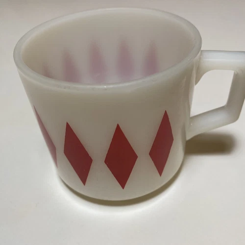 VTG Fire King Anchor Hocking Mug Coffee Cup Milk Glass Harlequin Red Diamond USA