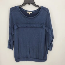 Express One Eleven Top Womens Large Blue Ruffled Boho Scoop Neck Pullover