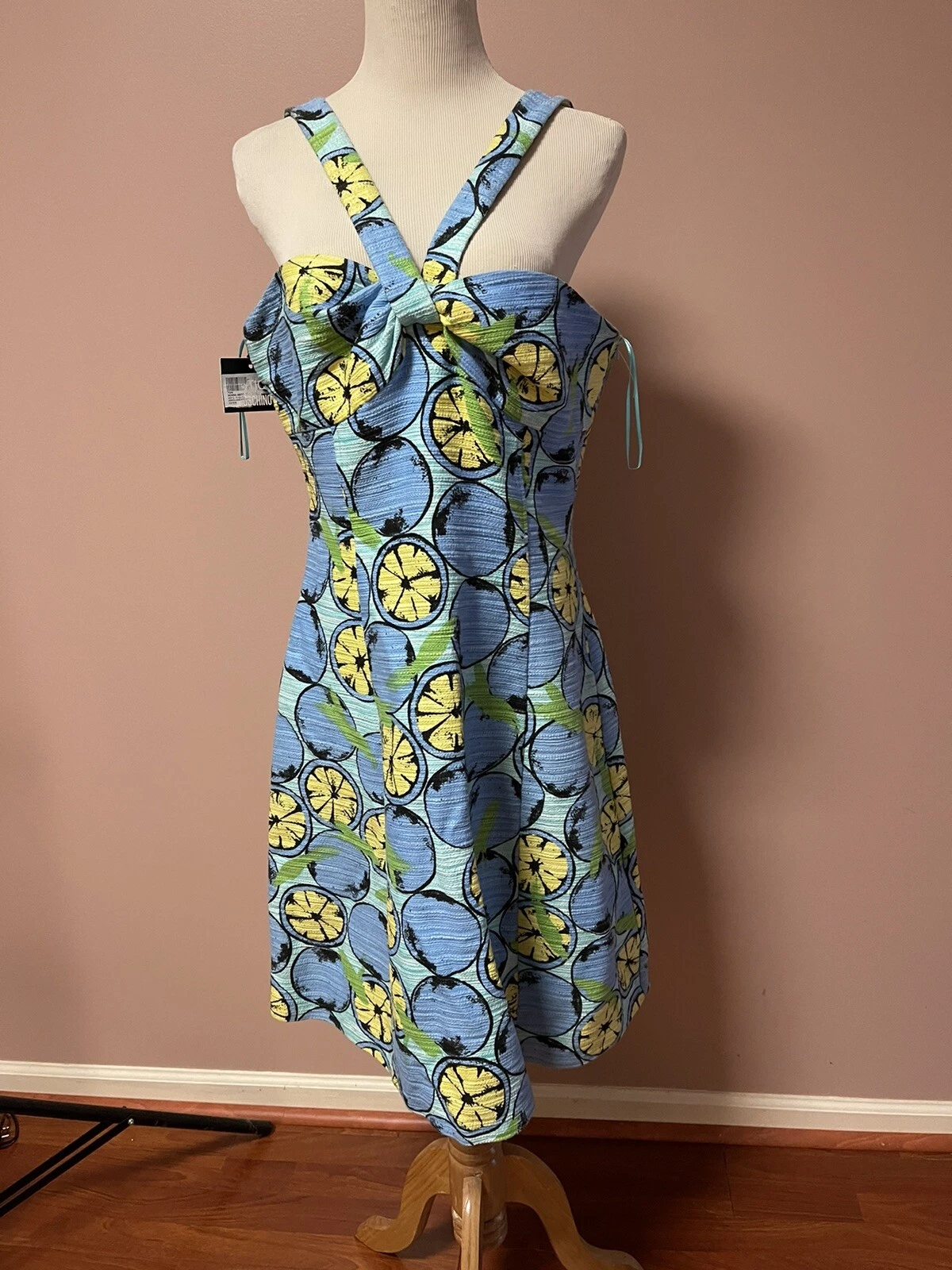 Boutique Moschino abito corto donna blu limoni taglia 46 nuovo con etichetta