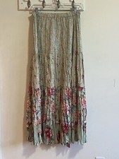 Prairie Skirt Long Sage Green Floral Pleats Crinkle Rayon Fairy TieredVtg