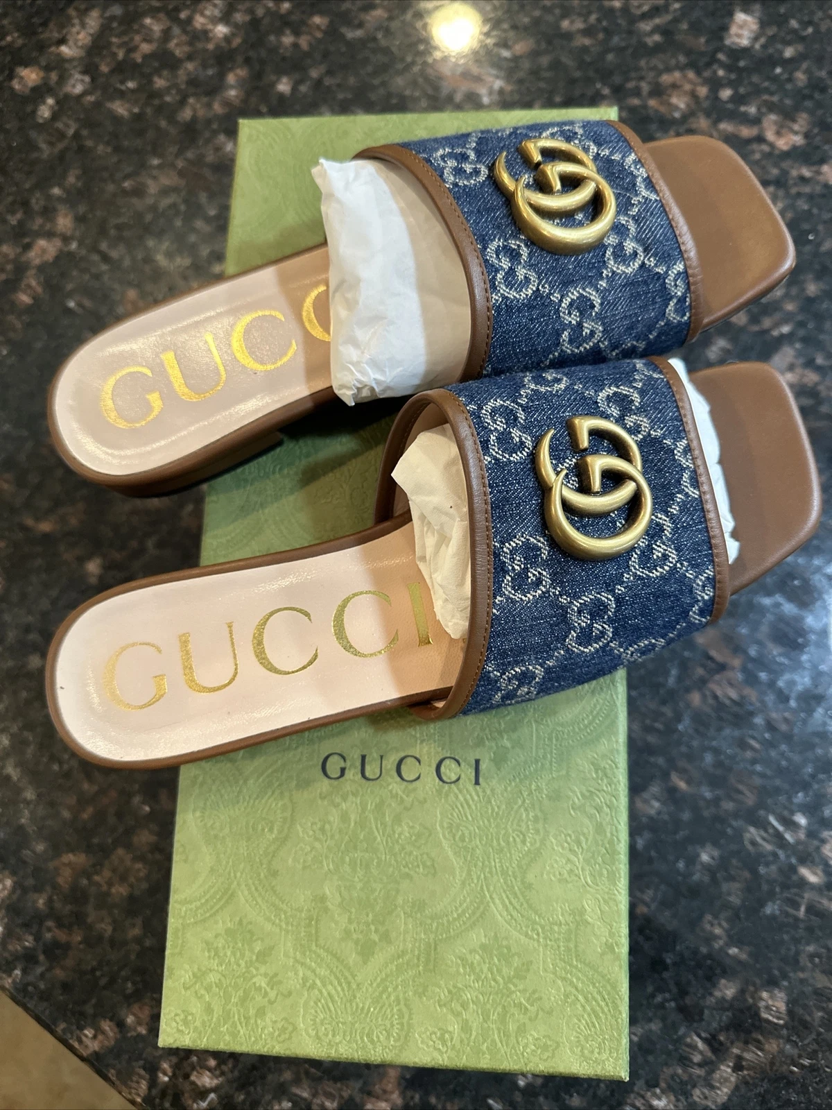 Sandale coulissante toile Gucci Supreme GG matelassé EU 37 denim